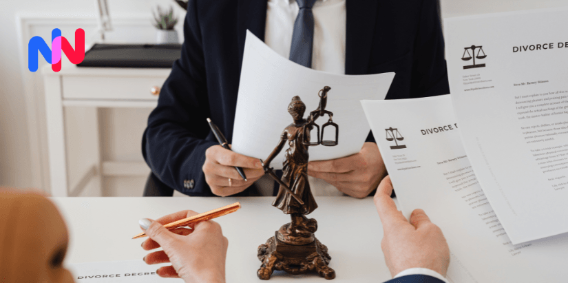 Deux personnes qui tiennent des actes de divorce ainsi qu'un avocat ou juge