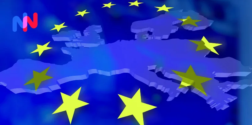 Drapeau européen au dessus d'une carte de l'europe