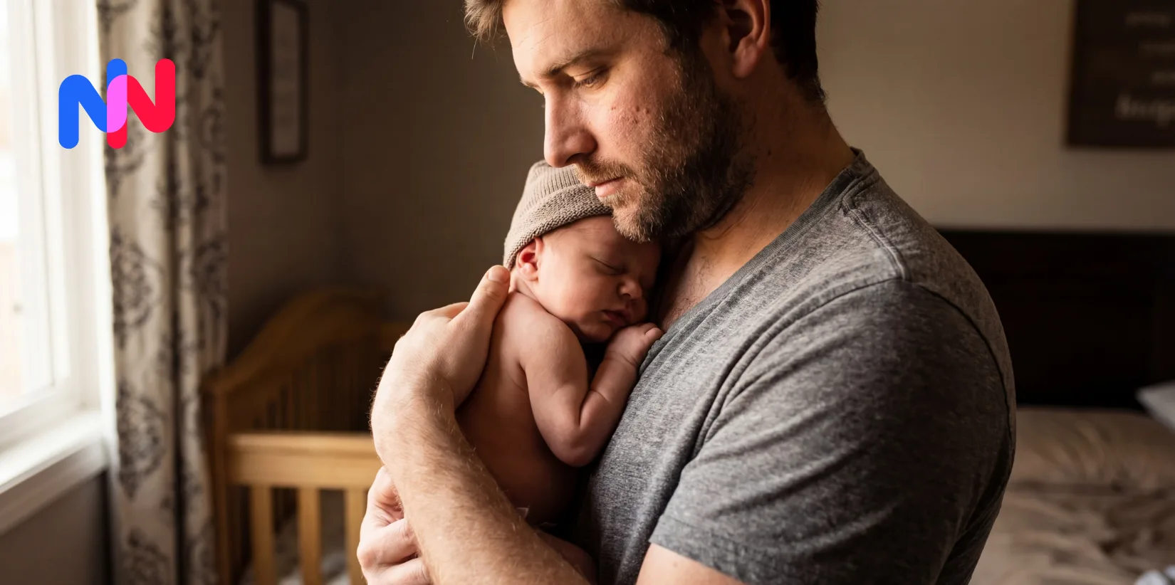 Père qui tient son enfant dans les bras.
